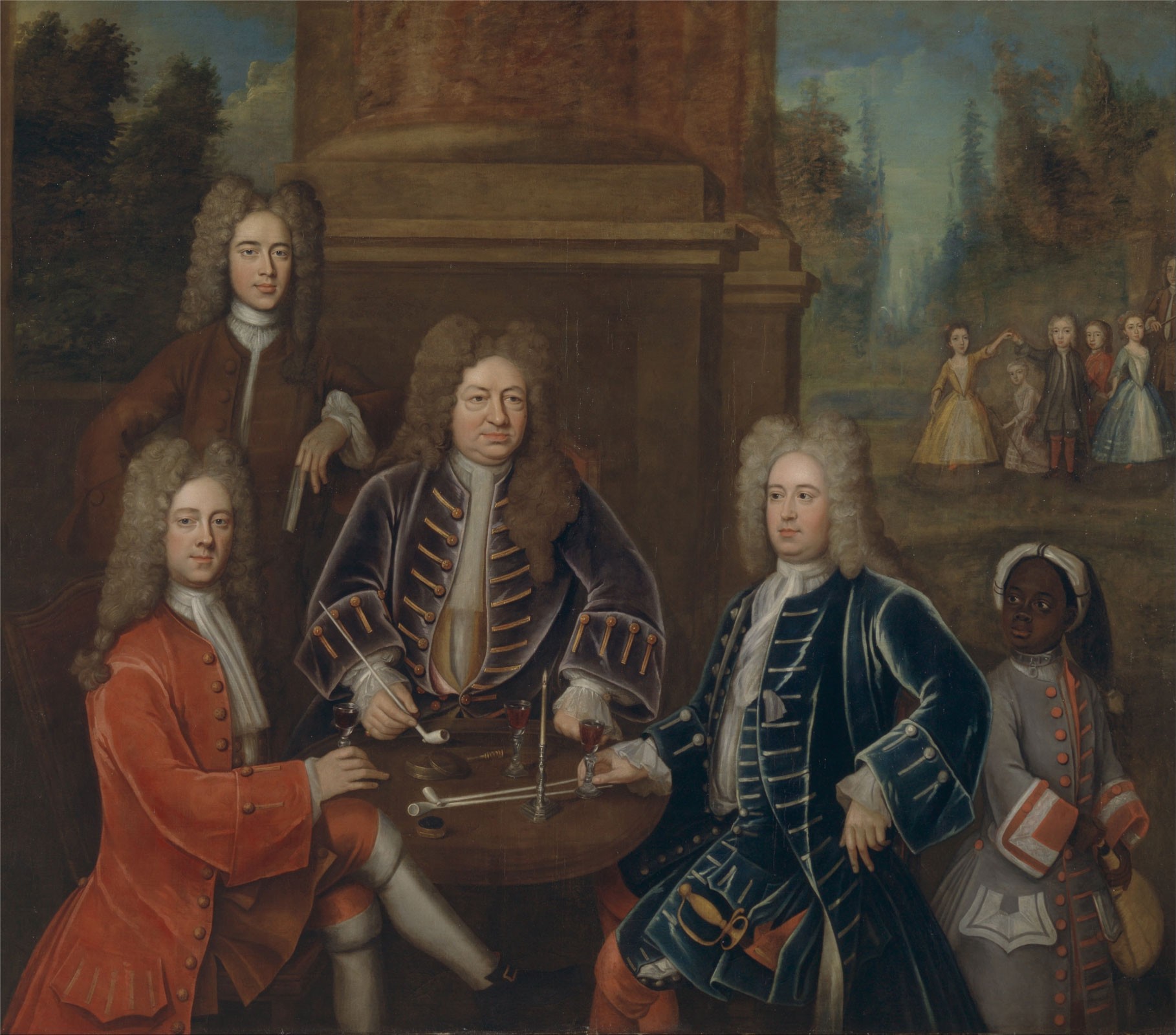 Conversation piece showing the 2nd Duke of Devonshire (at left, in red), c.1708, Oil on Canvas